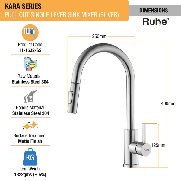 RUHE Kara Pull-out Single Lever Sink Mixer Faucet with Dual Flow (Silver) 304-Grade SS