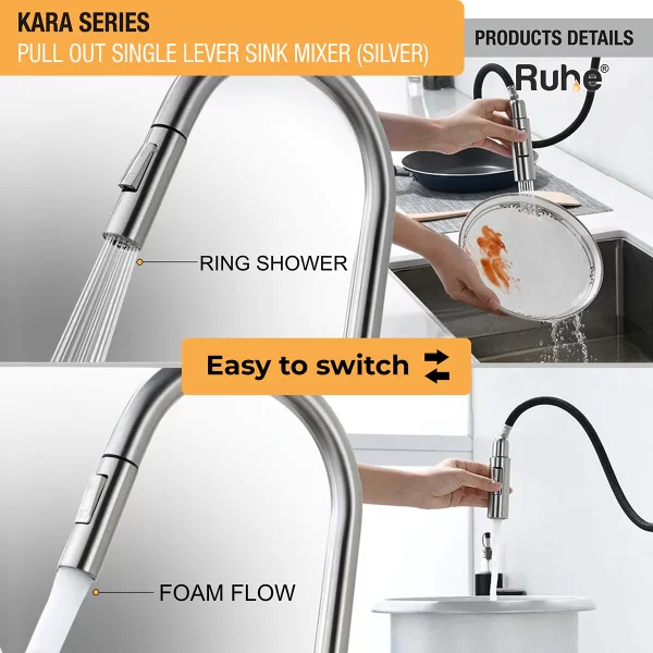 RUHE Kara Pull-out Single Lever Sink Mixer Faucet with Dual Flow (Silver) 304-Grade SS