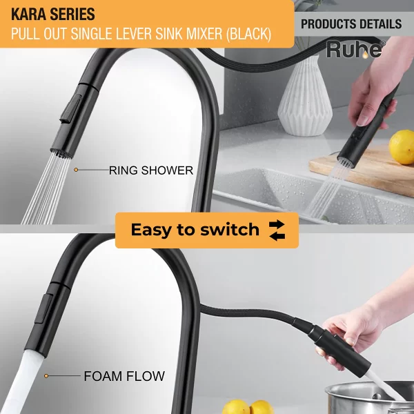 RUHE Kara Pull-out Single Lever Sink Mixer Faucet with Dual Flow (Matte Black) 304-Grade SS